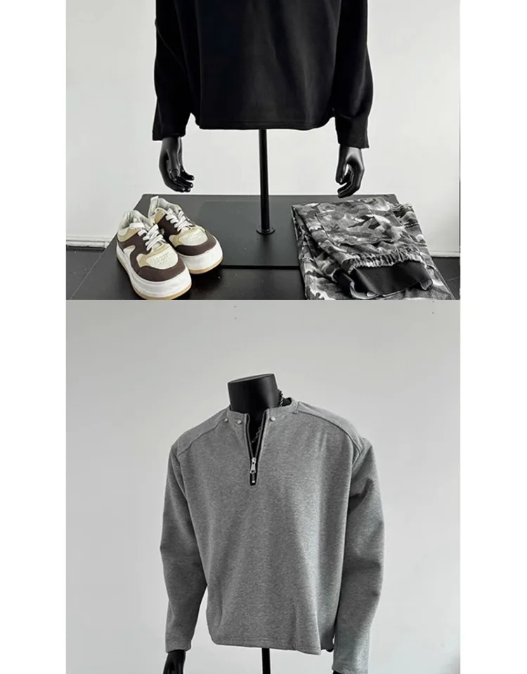 Men's Sweatshirt 2026 Spring Autumn Black Half Zip Shoulder Pad Sweatshirt Studded Regular Shoulder Edgy Cropped Sweater