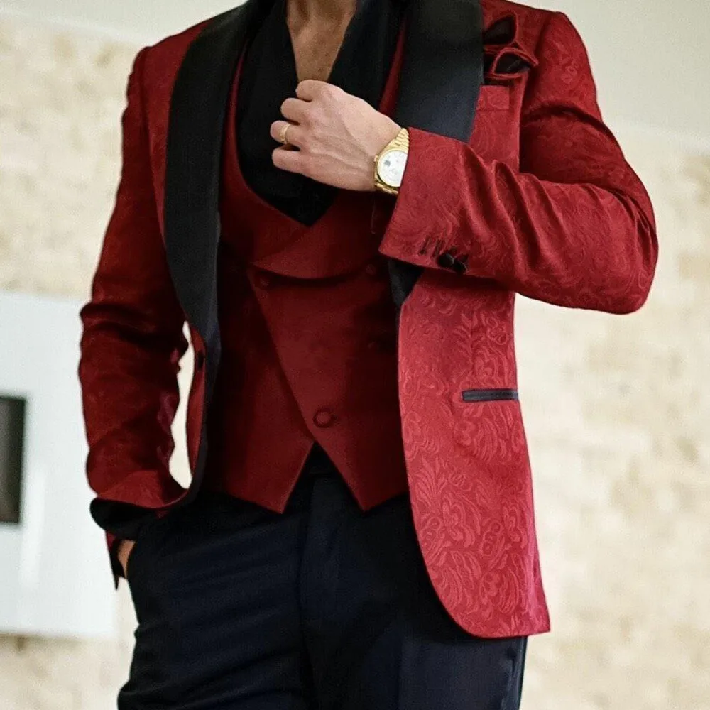 BurgundyEmbossingGroomTuxedosLapelGroomsmenWeddingSuitExcellent