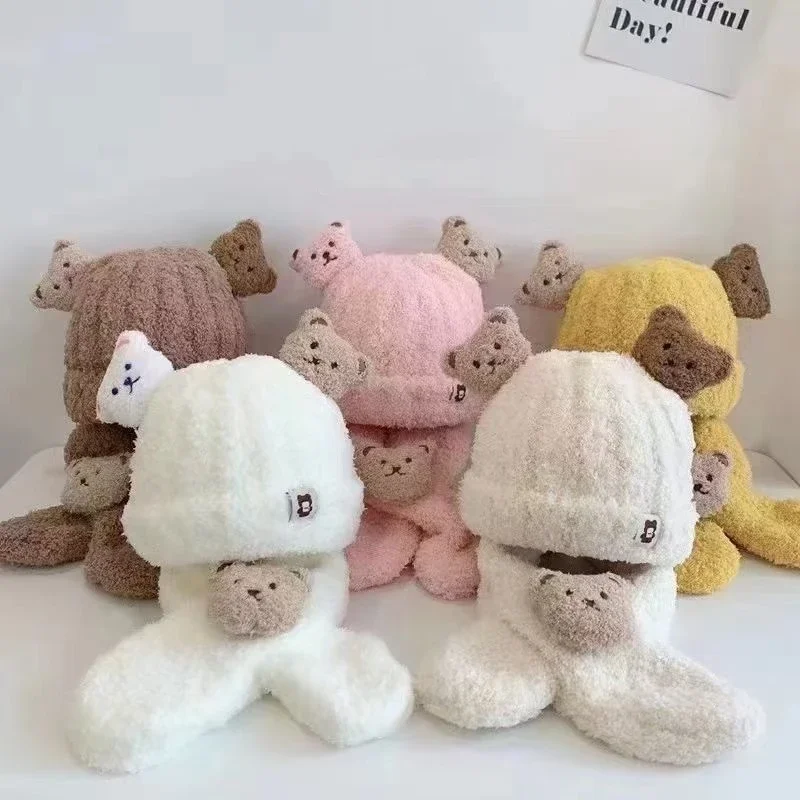 Plush Cute Bear Baby Hat Scarf Set Warm Ear Protection Hat Neck Warmer Winter Thickened Knitted Scarf For Kids Baby Toddler