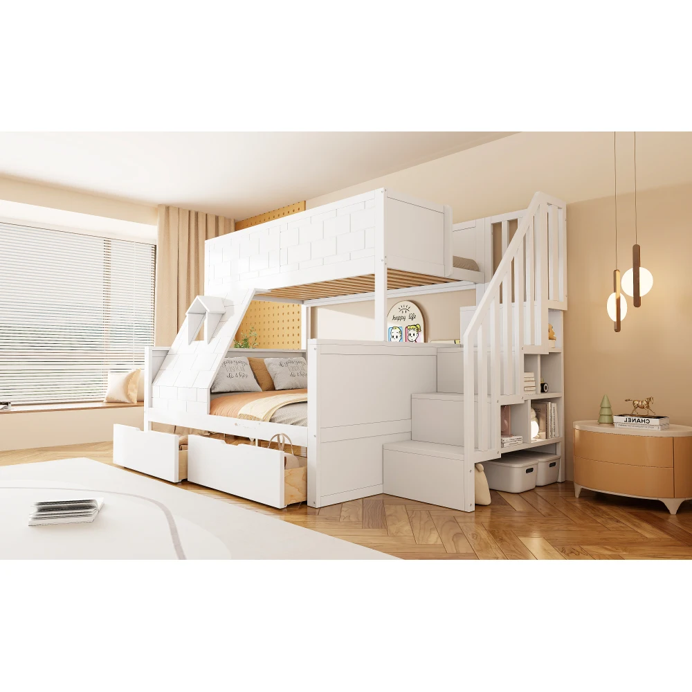 90x200cm Kinder-Etagenbett, Kinderbett mit Sicherheitsleiter, Schubladen und Fenstern; Oberbett 90*200cm, Unterbett 140*200cm, ohne Matratze – Detail 15