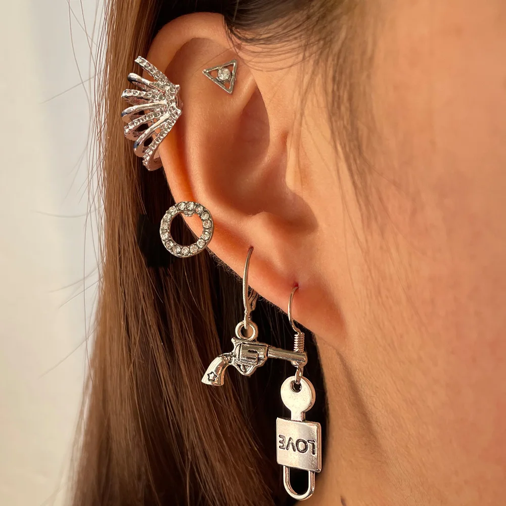 Punk Asimmetrico Gun Lock Orecchini Set Per Le Donne Moda Stile Coreano Piercing Cristallo Orecchini Geometrici Gioielli Hip Hop