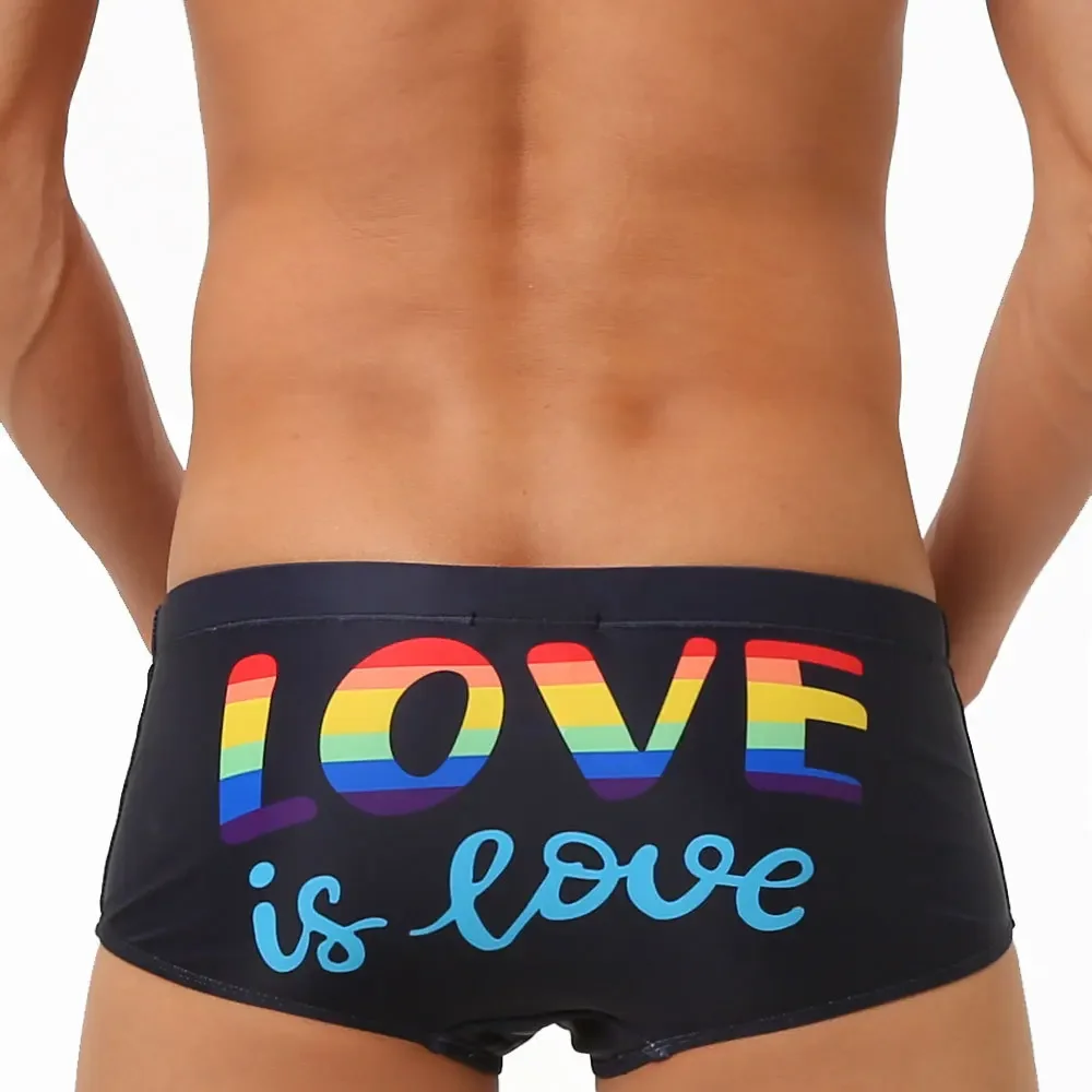 LGBT Men's Swim Boxer Briefs Low Waist Swimming Short Water Sport Beach Pants Swimwear Sexy Male Surfing Big Man Love is Love