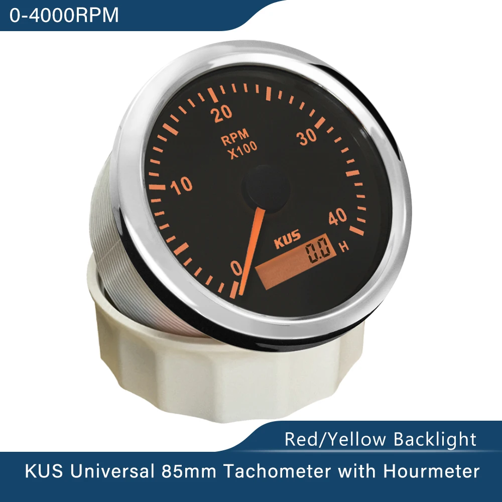 KUS-tacômetro à prova d'água com medidor de hora, 85mm, 3000RPM, 4000RPM, 6000 RPM, 8000 RPM, luz de fundo vermelha, amarela, 12V, 24V, carro, caminhão, barco