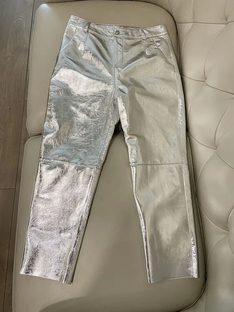 

Y2k Style Genuine Leather Cargo Pants Women High Waist 2024 Korean Fashion Streetwear Shinny Silver Trousers