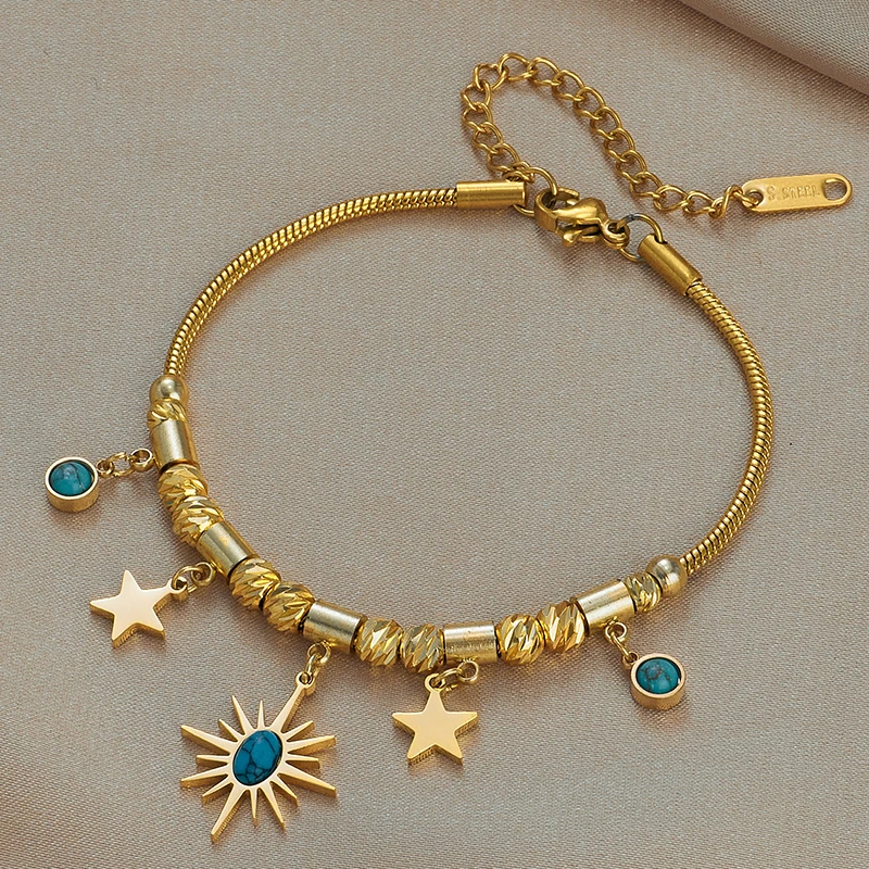 316 Stainless Steel Turquoise Butterfly Star Tassel Multilayer Chain Bracelet for Women stainless steel bracelet