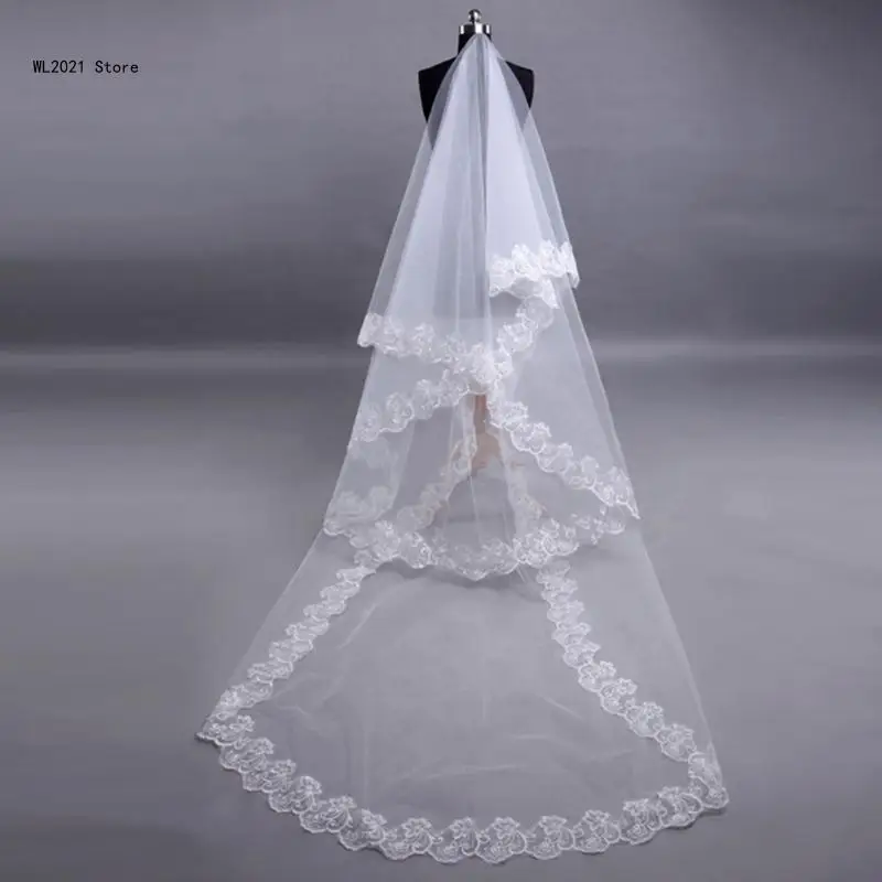 

1.5/2/3/5M 1 Layer Women Bridal White Long Wedding Tulle Veil Wide Embroidered Floral Applique Lace without Comb