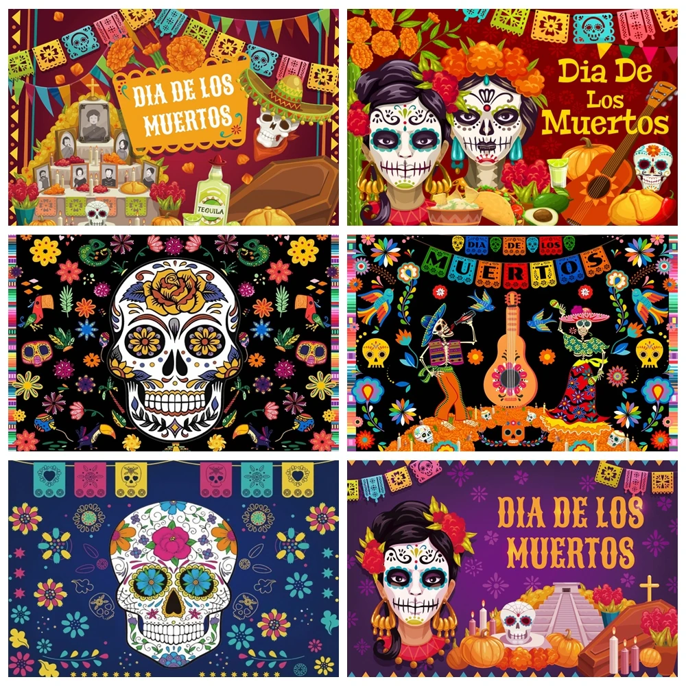 

Mexican Day of the Dead Photography Backdrop Mexican Fiesta Sugar Skull Dia DE Los Muertos Dress-up Party Background Photo Props