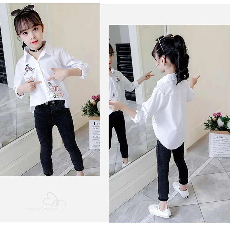 Autumn Back To School Shirts for Student Girls Princess Clothes Kids Long Sleeve White Blouse Cartoon Cat Flower Embroidery Tops