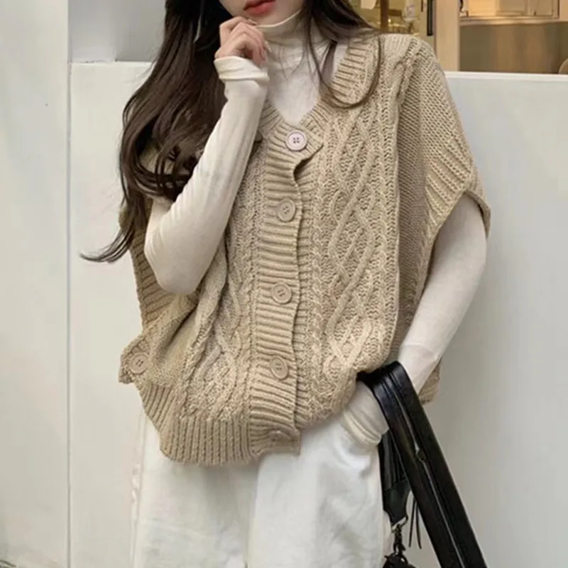 New Fashion Retro Sweater Vest Elegant Crew Neck Knitted Button Cardigan Single-breasted Office Women's Sleeveless Top