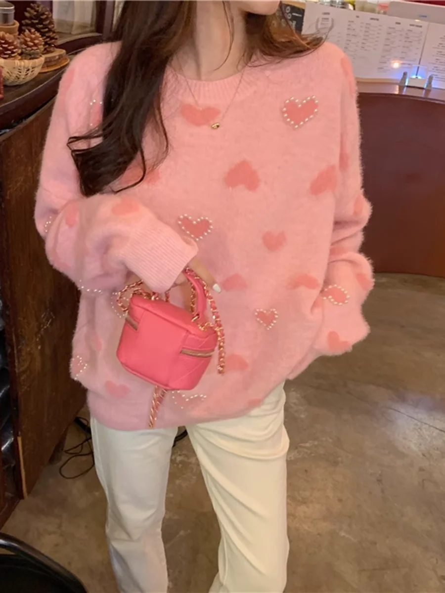 

High Quality Heart Pearls Beading Sweater Women Pink Kawaii Jumpers Korean Long Sleeve Knitted Pullover Sweater Casual Knitwear