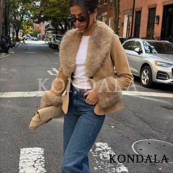 KONDALA femmes élégantes automne fausse fourrure col daim veste mince polyvalent luxe veste 2025 automne mode haute rue manteau court