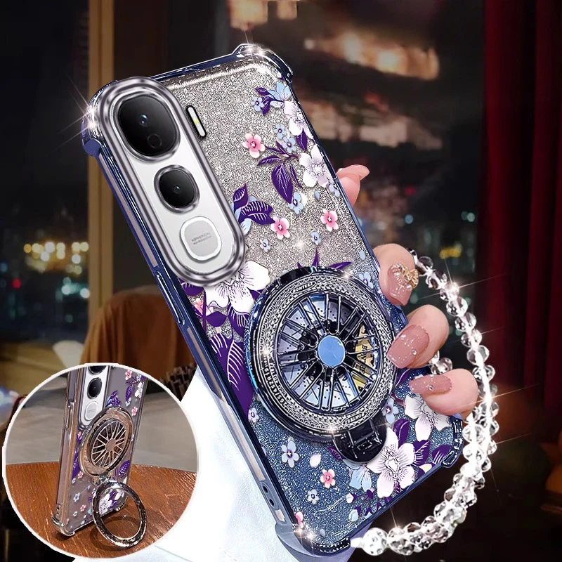 Purple Flowers Plating Phone Case with Bracket and Lanyard