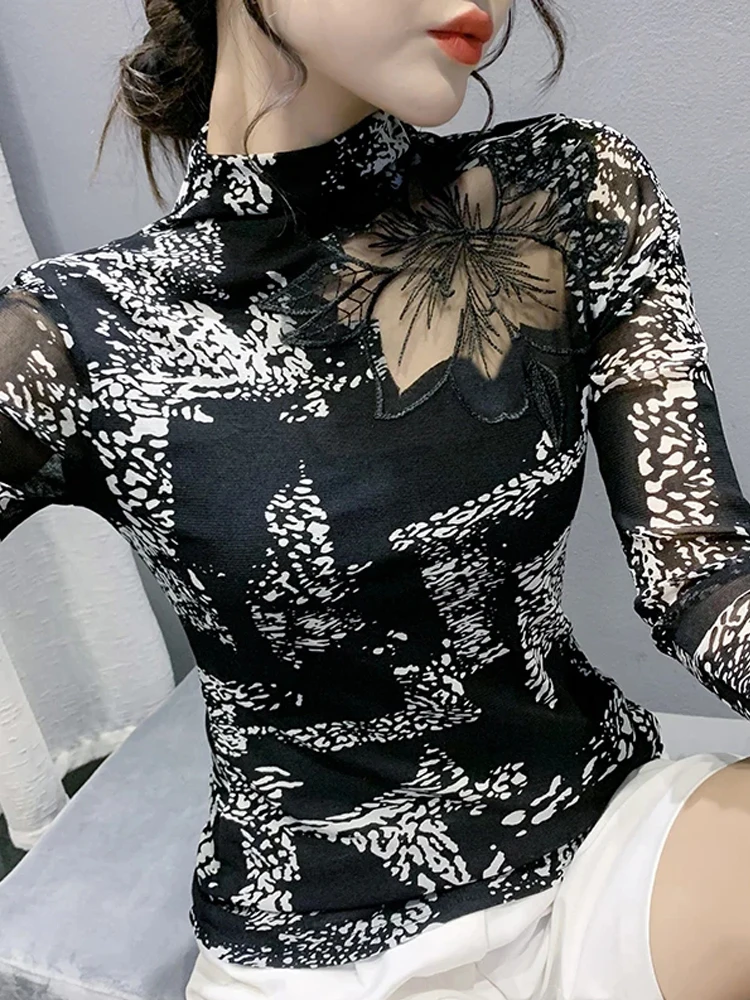 

Winsleter Elegant Basic Clothes Tshirt Long Sleeve Tees Autumn Winter New Women Sexy Crochet Lace Print Slim Mesh Tops T30861JC