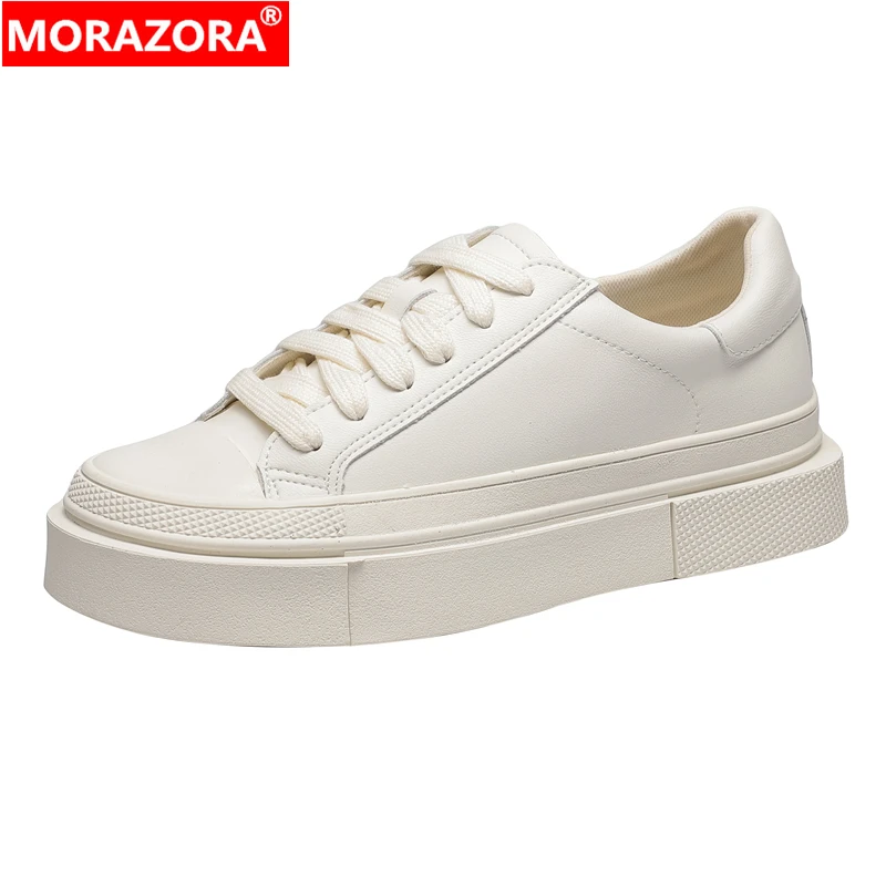 

MORAZORA 2023 New Genuine Leather Shoes Women Sneakers Lace Up Platform Flats Small White Shoes Female Casual Shoes