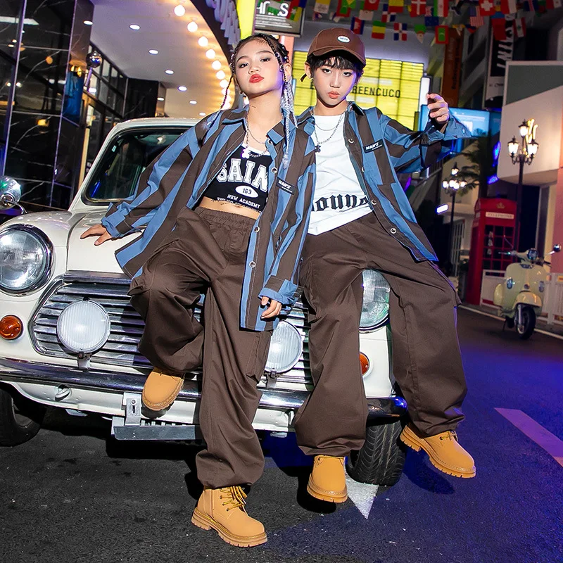 

Jazz Dance Hip Hop Clothing Boy Girl Streetwear Suit Striped Shirt Top + Brown Jogger Cargo Pant 2pcs Festive Cool Show Costumes
