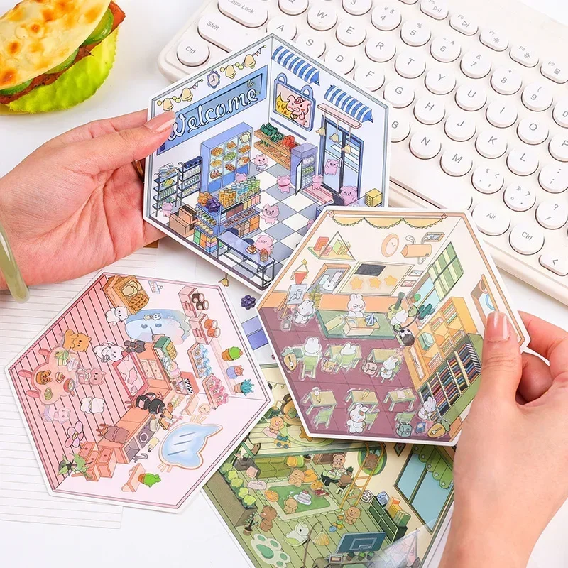 DIY Cartoon Animal Fantasy House Miniature Scene Sticker 3D Pocket Cabin Scene Stacking Pasting Festival Gift for Kid Child