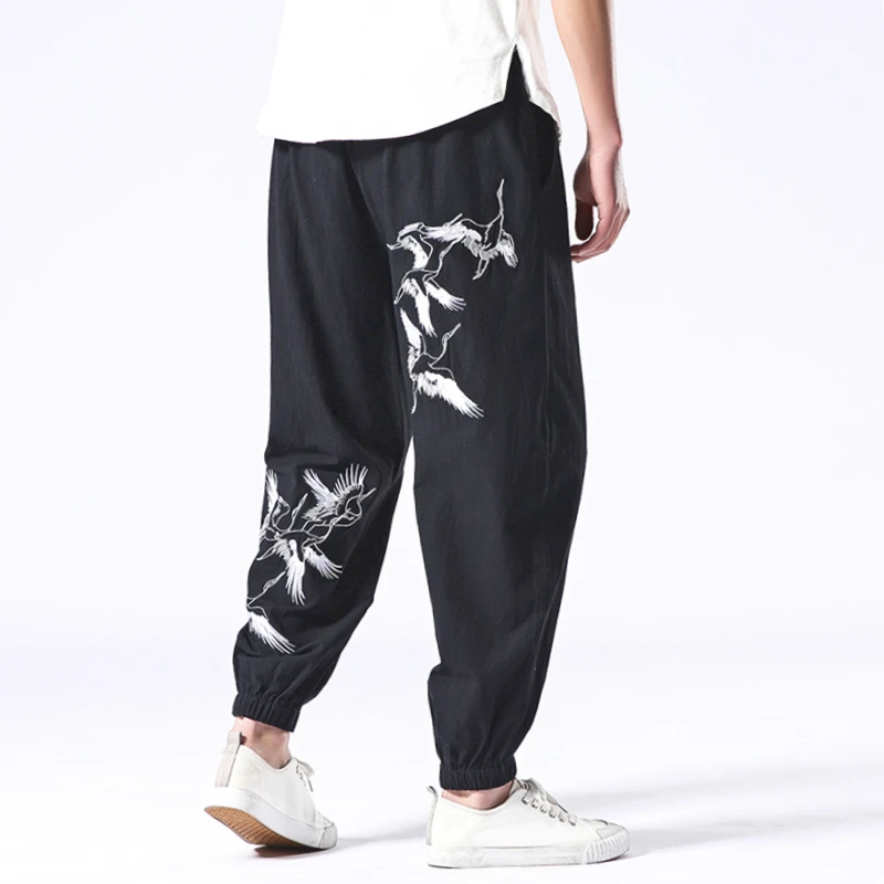 Cotton Linen Ankle-Length Pants Men's Retro Crane Embroidered Harem Pants Loose Men's Joggers Streetwear Pants