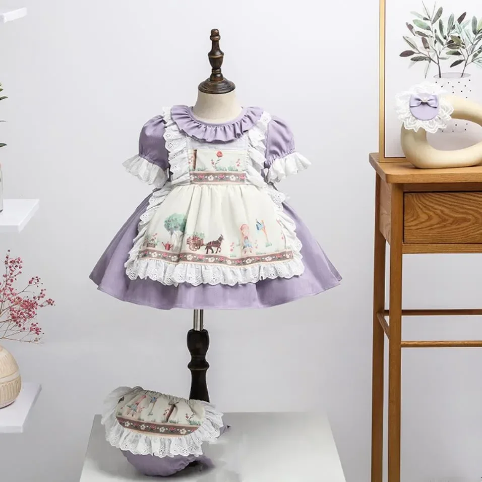 2PCS Kids Spanish Lolita Vintage Princess Ball Gown Lace Print Design Baby Birthday Gift Children Turkey Dresses For Girls