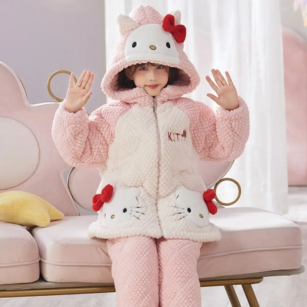 

Sanrio Hello Kitty My Melody Cinnamoroll Girls Flannel Pajama Set Autumn Winter Long Sleeves Thickened Warm Children's Homewear