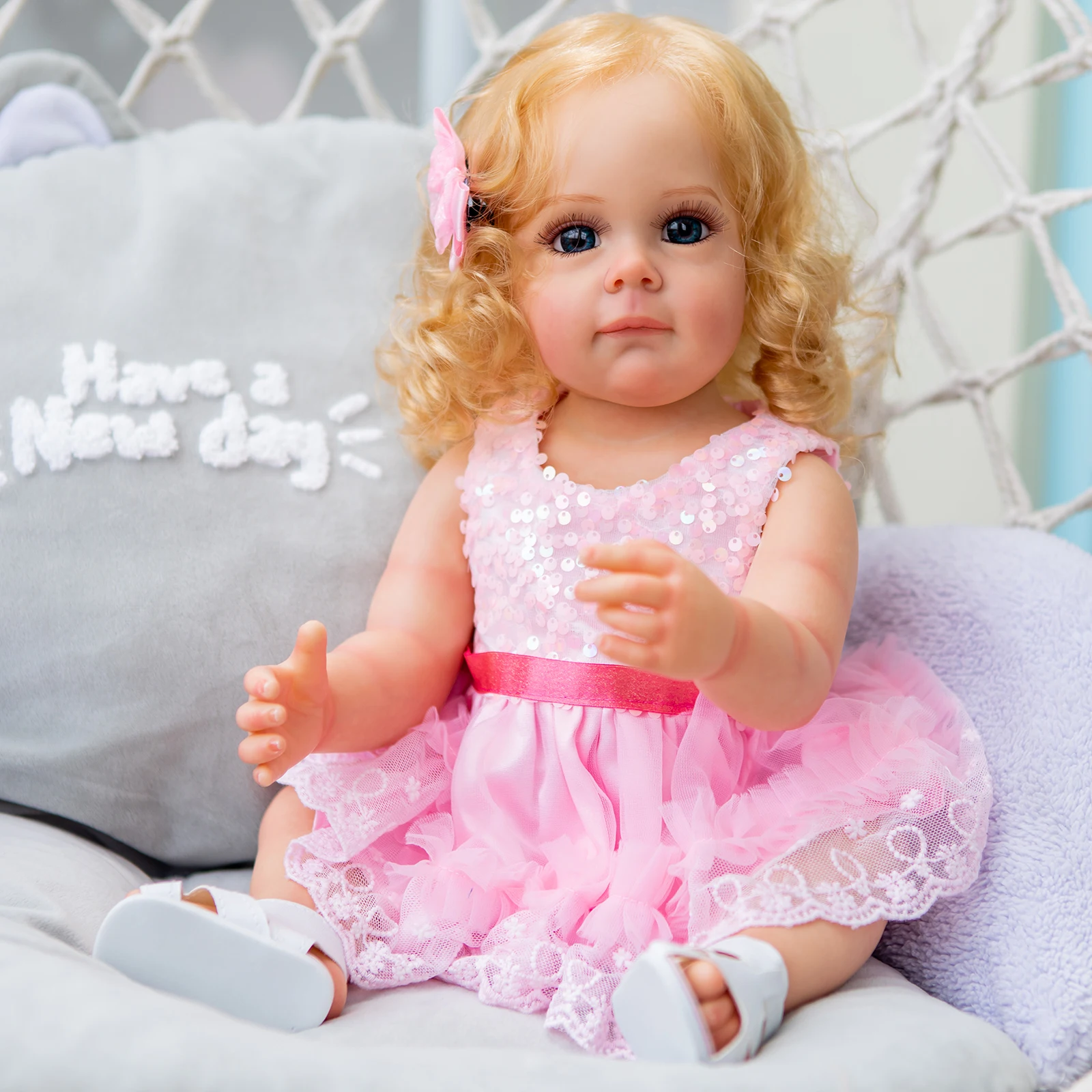 

NPK 55CM Bebe Reborn Full Body Silicone Waterproof Baby Maggi Girl Doll Hand-Detailed Painting Rooted blond Hair Lifelike