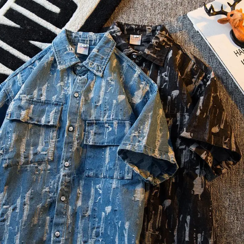 Men's torn denim shirt  men's short sleeved summer handsome design niche loose half sleeved shirt casual jacket shirts for men