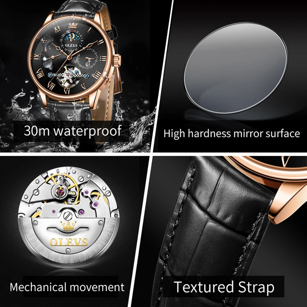 OLEVS Original Skeleton Mechanical Watch for Men Leather Strap Luxury Top Brand Moon Phase Waterproof Automatic Men's Wristwatch