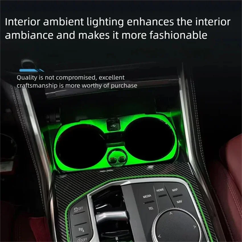 BMW 2 3 4 시리즈 i3 i4 G20 G22 G26용 새로운 멀티컬러 실내 장식 11색 RGB 자동차 LED 크리스탈 컵홀더 앰비언트 라이트