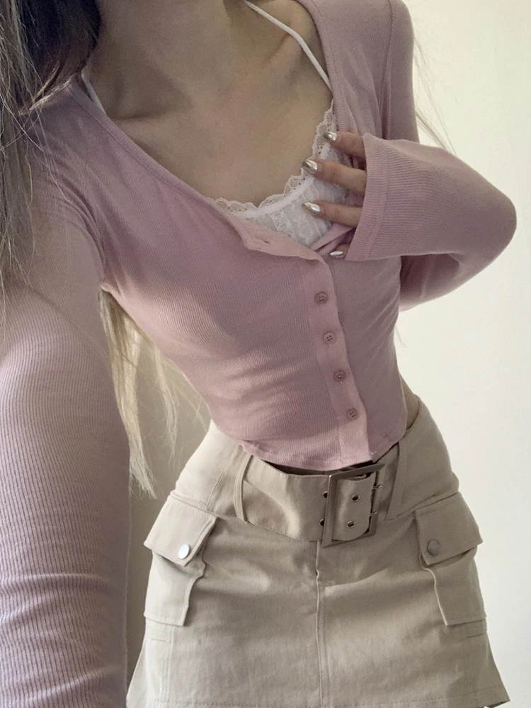 Rapcopter y2k 레이스 핑크 크롭탑 버튼, 풀 슬리브 그런지, 파리코어, 귀여운 티, 여성 하라주쿠, 한국 빈티지, 시크한 풀오버, 가을