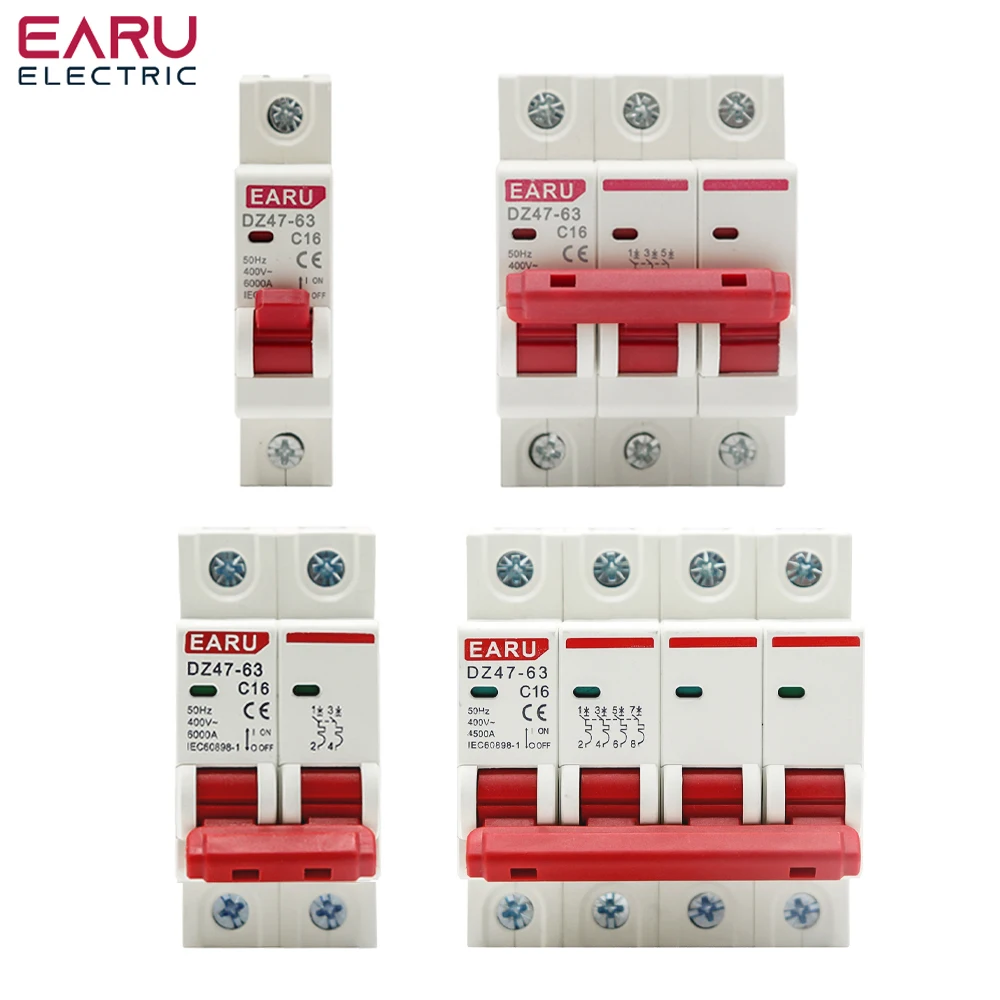 Mini disjoncteur de type C, MCB, montage sur rail DIN 35mm, capacité de rupture 6KA, DZ47 1-4 pôles, 3A, Snap10A, 16A, 20A, 32A, 40A, 50A, 63A, 400V