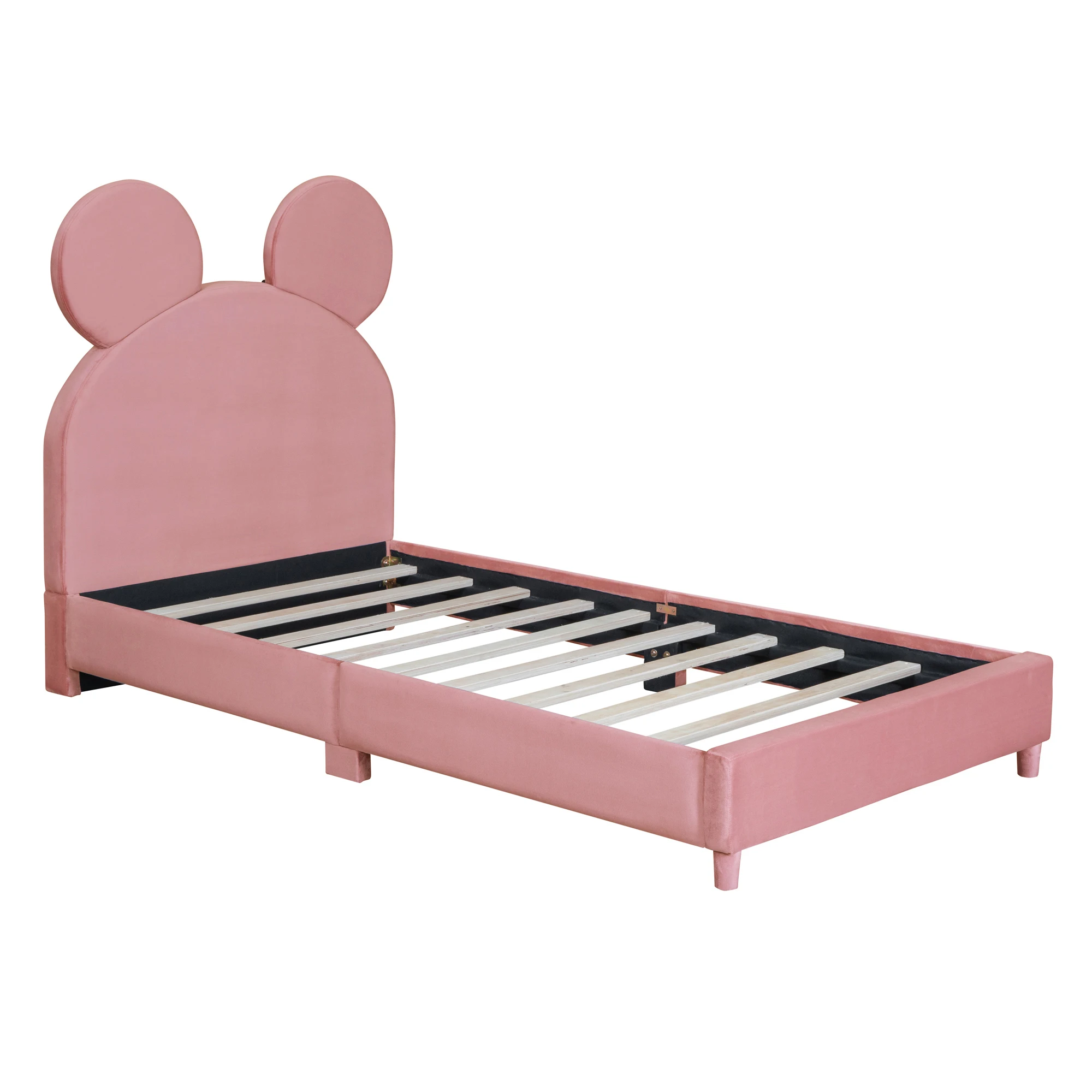 

Twin Size Upholstered Platform Bed with Bear Ear Shaped Headboard, Pink