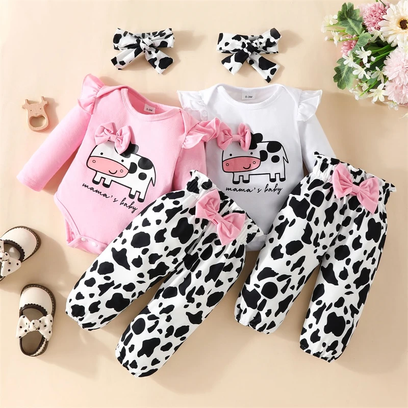 

3Pcs Baby Clothing Girl Fall Outfits Autumn Long Sleeve Cow Print Romper Pants Headband Infant Cotton Outfit Newborn Set