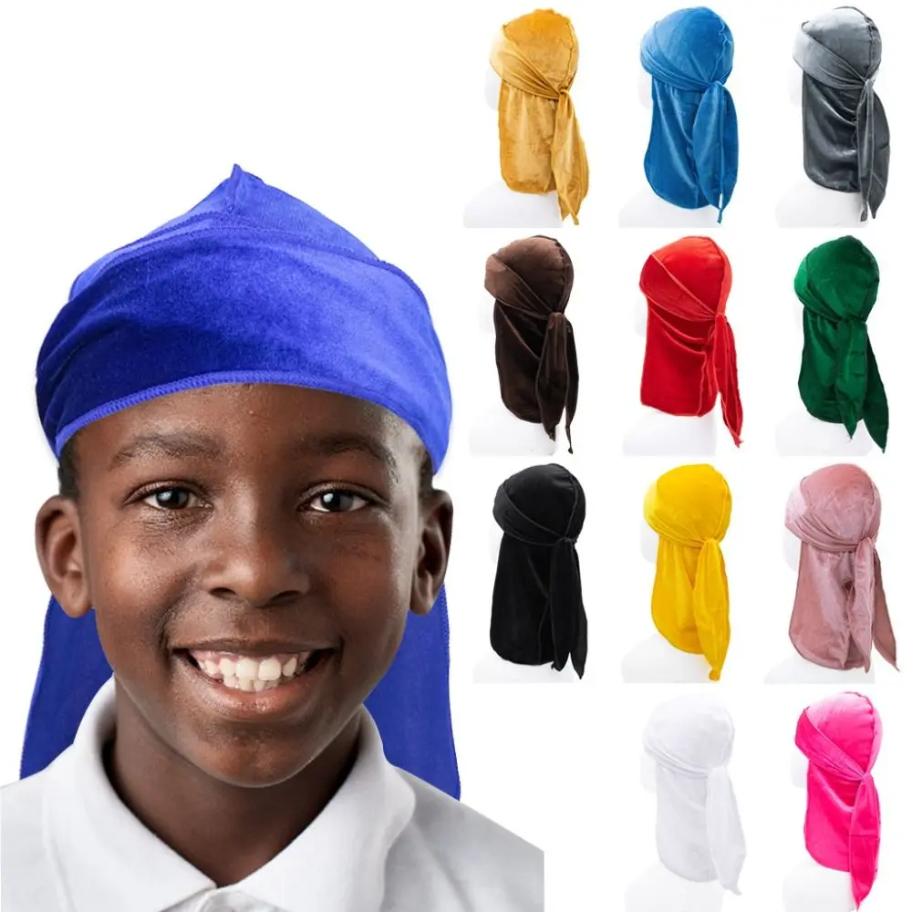 

Long Tail Velvet Pirate Hat Cap Durag Pre-Tied Baby Turban Hijab Hip Hop Hood Elastic Headwrap Boy