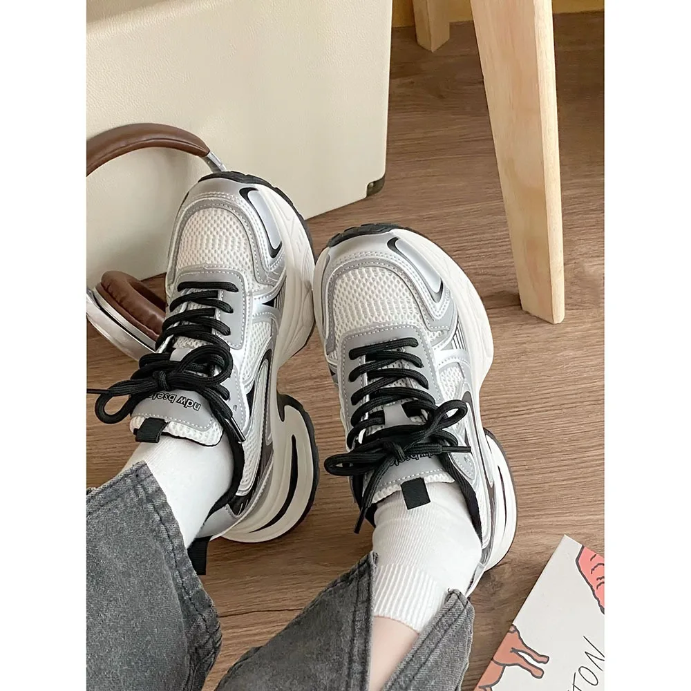 2024 Spring New Leather Breathable Women Casual Shoes Silver Mesh Thick Sole Soft Sole Ultra Light Sports Running Shoes 24-139