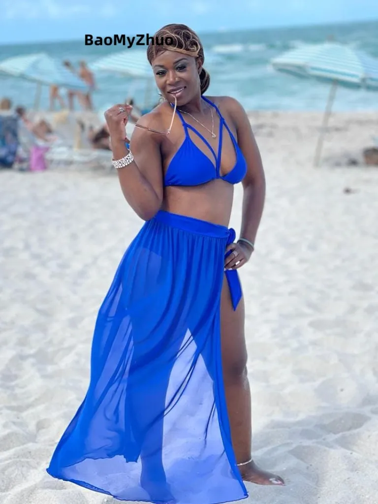 

2023 New Three Pieces Swimsuit With Mesh Maxi Skirt Women Solid Sexy Bikini Set Cover Up Swimwear For Female Beach Bathing Suits