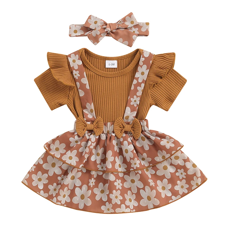 

Baby Girls Outfits Solid Color Ribbed Short Sleeve Romper Floral Print Suspender Skirt Bow Heaband Set