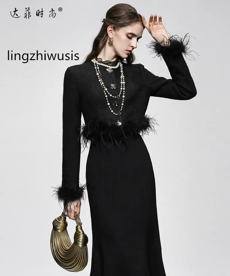 

Women Tweed Skirt Set 2023 Autumn Winter Fashion Detachable Osrich Feathers Design Wool Top Fish Tail Skirt Suit Black NewArrive