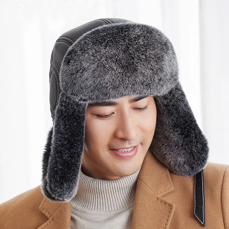 Men's Real Sheepskin Trapper Hat Aviator Earflaps Russian Ushanka Rex