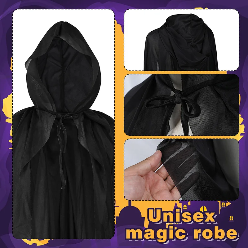 120-140cm Black Long Hooded Cape for Halloween Party Witch Costume Cosplay Props Performance Supplies Death Cloak Dress Up Cloth