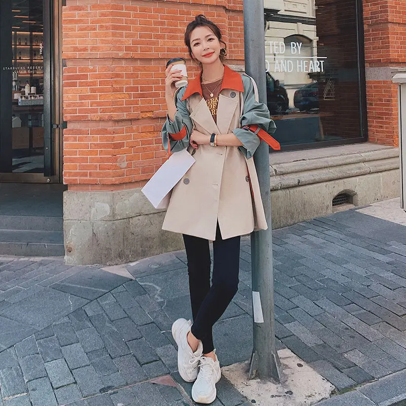 여성용 캐주얼 트렌치 코트, 카와이 Ins 3XL 스트리트웨어, 레저 패치워크, A라인 벨트, 하이 스트리트, 세련된 유럽 스타일 오버코트