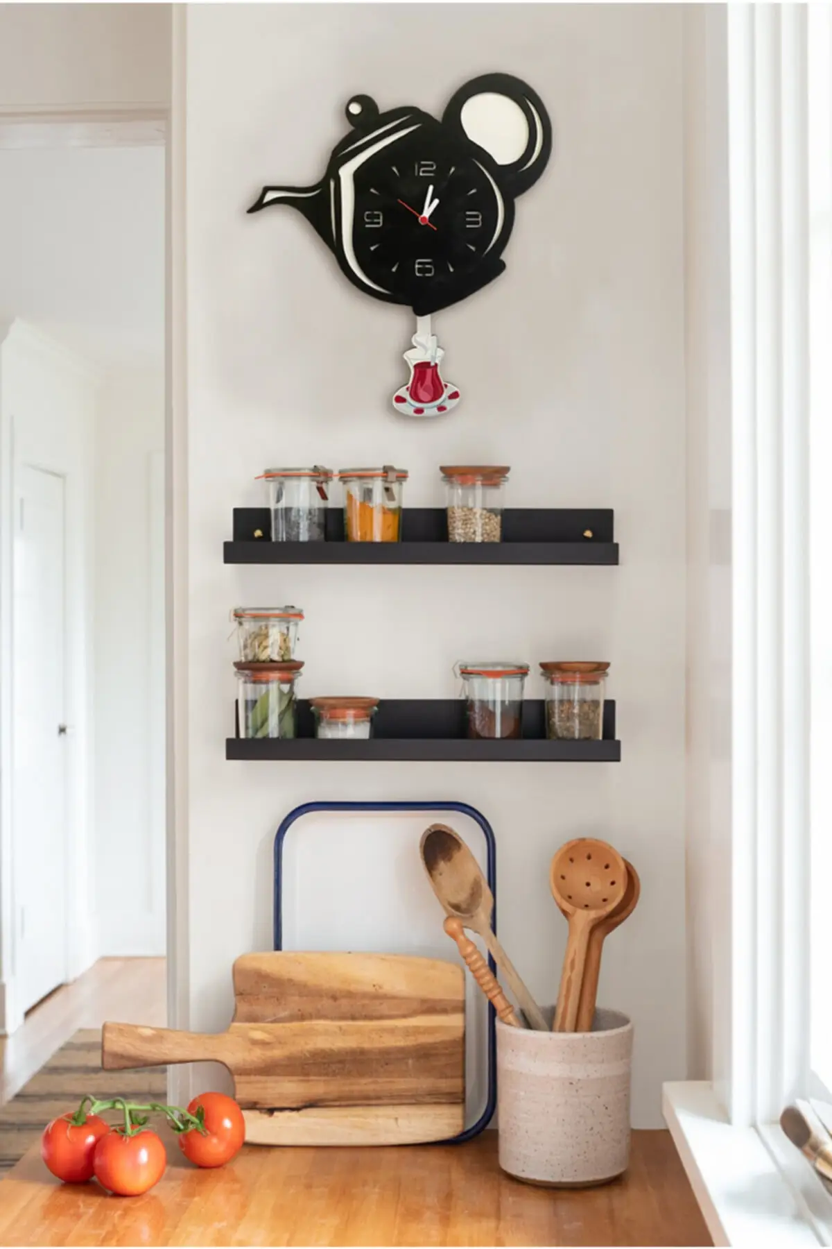 Černá konvička houpání kyvadlo kuchyň zeď hodiny 37x32 stylové výraz přitažlivý design domácí dekorace zásoby