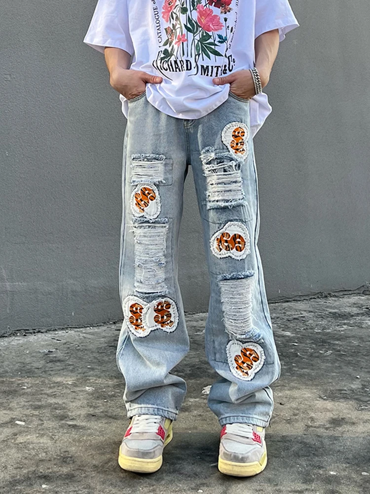 Pantalones vaqueros Y2K para Hombre, Jeans informales holgados con agujeros desgastados, ropa de calle, rasgados, rectos | - AliExpress