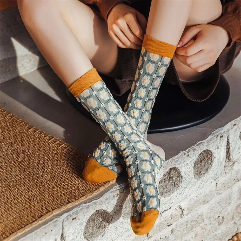 

Funny Kawaii Crew Socks Breathable Female Personality Lattice Flower Socks Women Socks Middle Tube Socks Female Hosiery