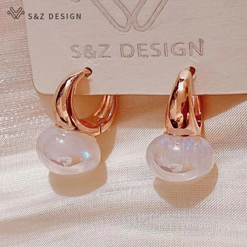 S&Z DESIGN New Fashion 585 Rose Gold Color Round Simulated-pearl Dangle Earrings For Women Girl Wedding Party Jewelry
