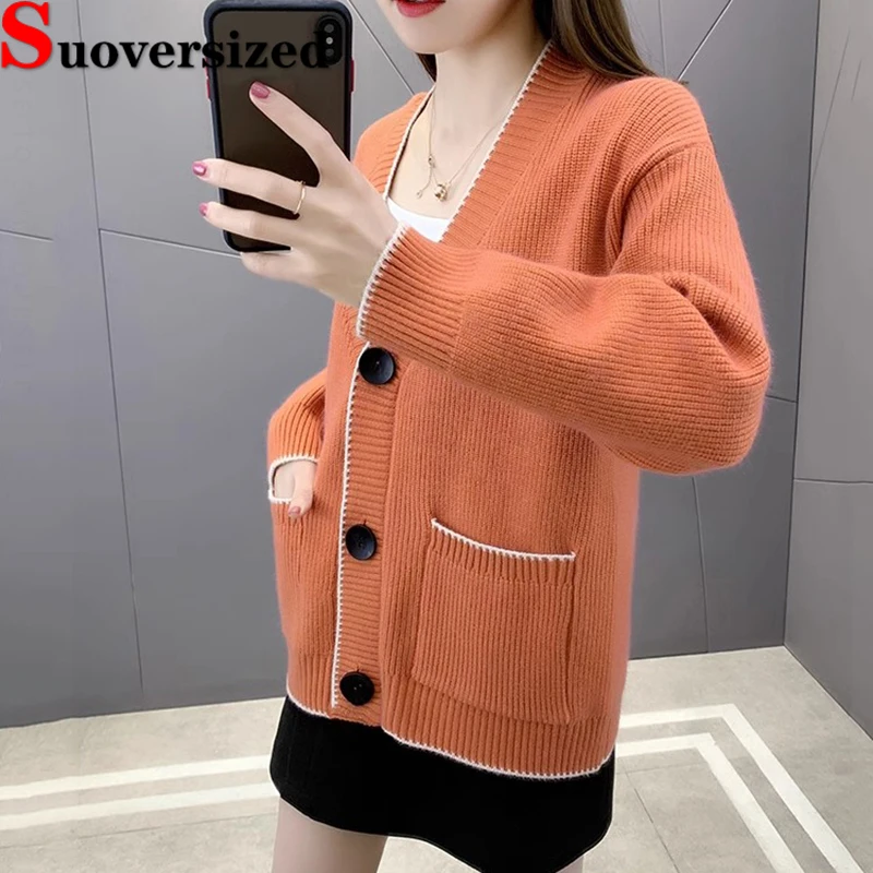 

Women's Knitted Cardigan Spring Fall 2023 Casual Fashion New Outerwears Loose V Neck Sweaters Korean Long Sleeve Knitwears