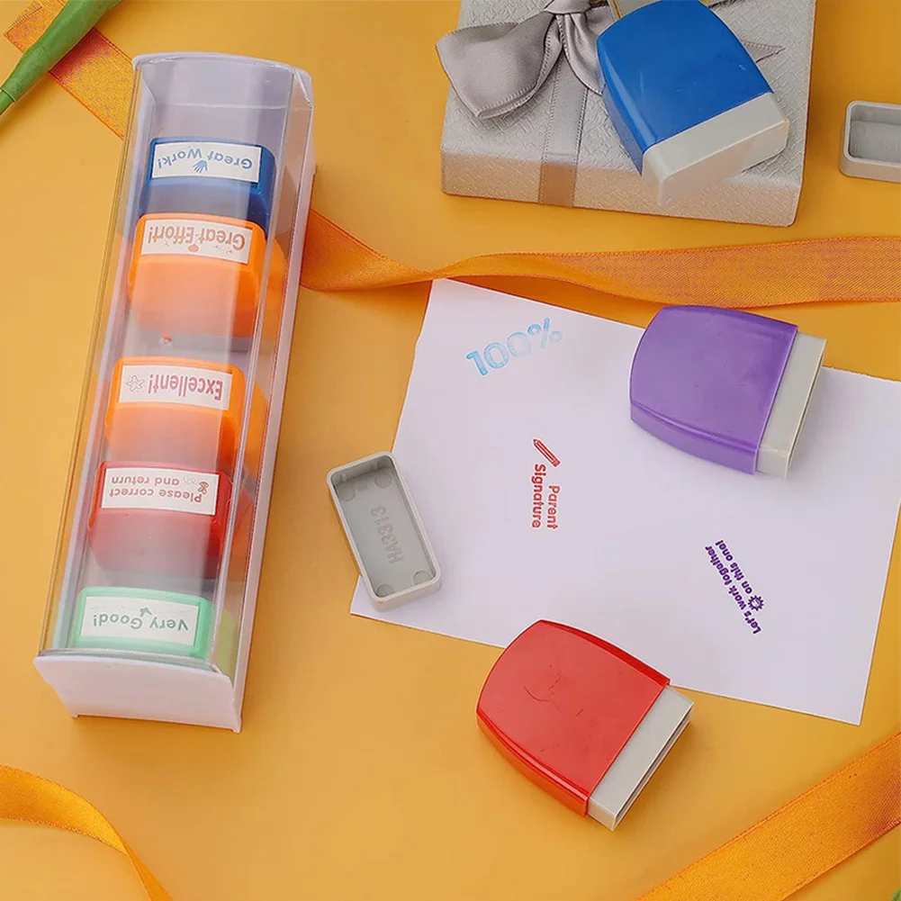 8Pcs Motivation Stamps with Tray Self-inking Grading Stamps Feedback Encouraging Comments School Supplies for Teacher