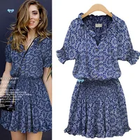 Summer Floral Cotton Dress Women Casual Fashion Mid-Sleeve Polo Collar Princess Skirt Vintage Chinese Style Single-Buckle Fas...