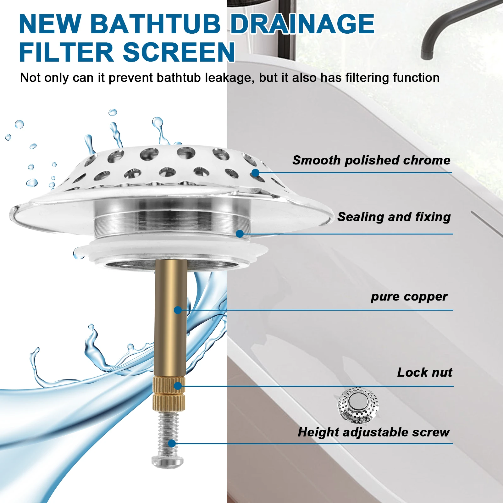 Tub Stopper Bathtub Drain Plug Pop Up Tub Drain Hair Catcher Cover with Strainer for 1.57 in to 2.2 in Bath Hole