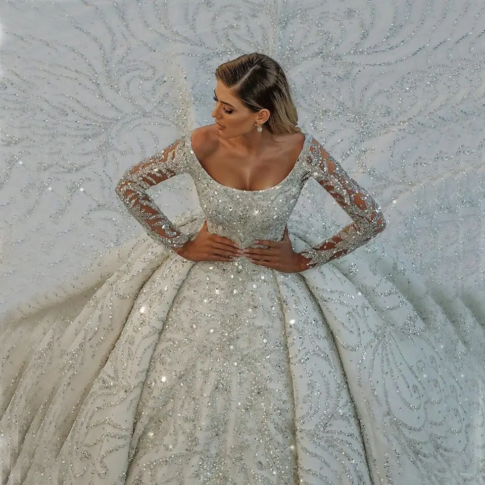 Abiti da Sposa di Lusso Personalizzati con Cristalli e Perline 2026, Stile Arabo Dubai, Abito da Ballo con Paillettes Scintillanti, Vestiti da Sposa - immagine 3