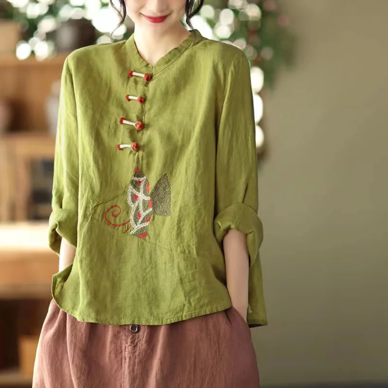 Summer Women Clothing Vintage Thin Shirts Tops V-Neck Half Sleeve Blouses Disc buckle New Chinese Style Loose Pullover Shirt