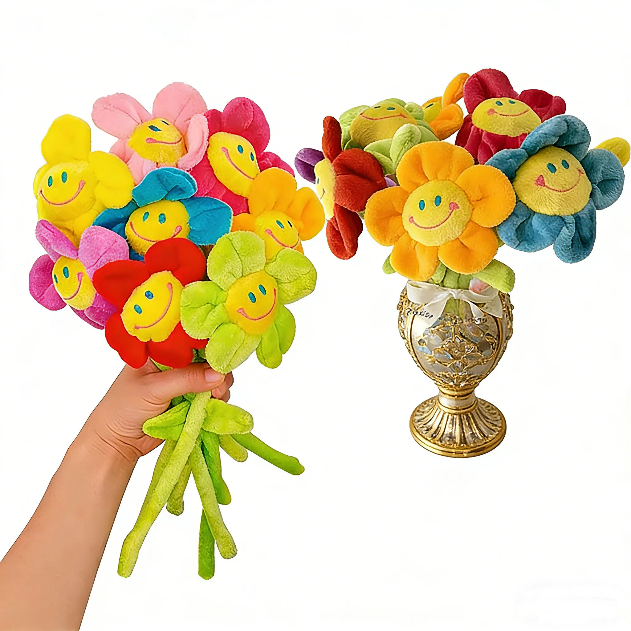 Bouquet de fleurs souriantes en peluche - Couleurs vives